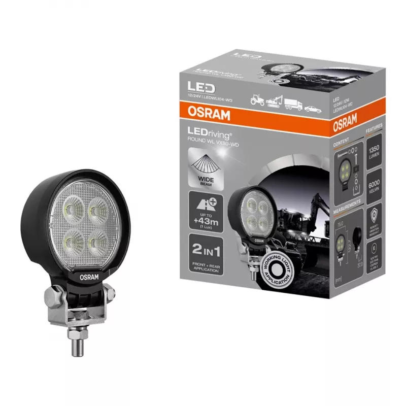 Osram ROUND WL VX80-WD LED darba gaisma, 10W, 12/24V, 800lm, 6000K, plata staru kūļa, IP67, ECE R10, DT savienotājs, 80mm