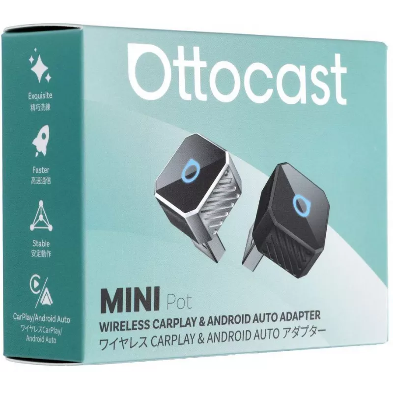 OTTOCAST Mini Cube T3 bezvadu CarPlay un Android Auto adapteris, Bluetooth 5.0, Wi-Fi 5, USB-C, melns