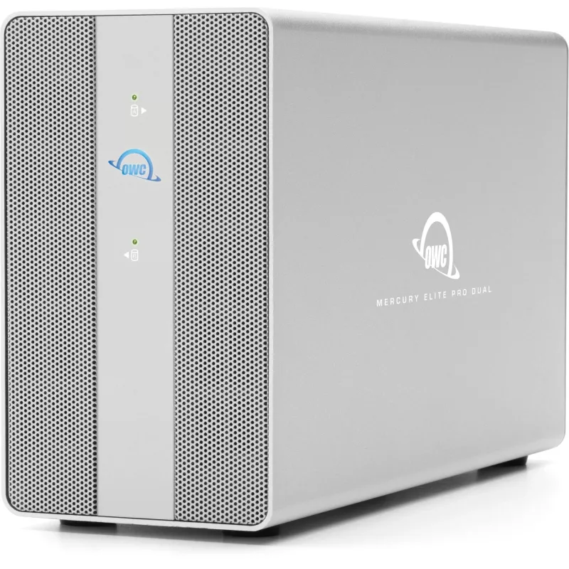 OWC Mercury Elite Pro Dual 2 nodalījumu RAID korpuss ar 3 portu USB centrmezglu, USB 3.2 Gen 2 Type-C (sudraba)