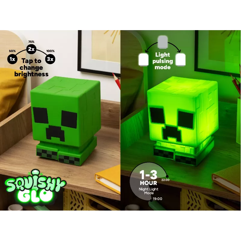Paladone Minecraft Creeper SquishyGlo silikona gaisma uzlādējama – regulējama zaļa LED naktsgaisma ar 3 spilgtuma līmeņiem un Micro USB uzlādi