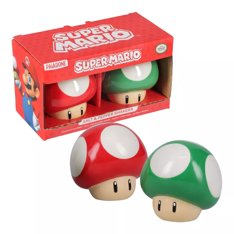 Paladone Super Mario sēņu sāls un piparu trauciņu komplekts (sarkanā super sēne un zaļā 1-Up sēne)