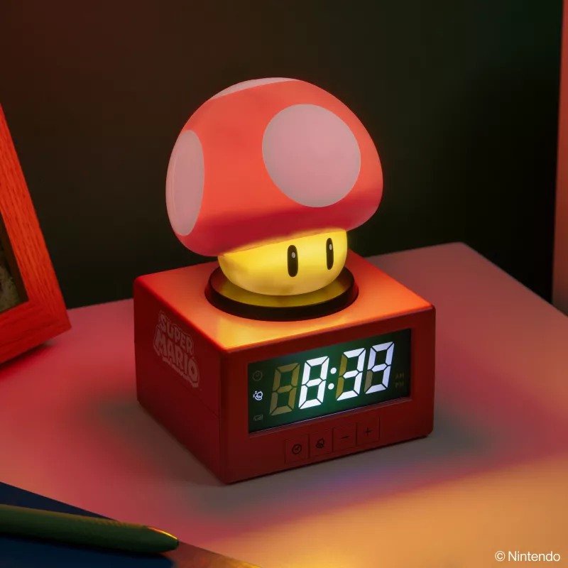 Paladone Super Mario Super Mushroom Icon Alarm Clock - Digital LCD, USB Powered, Official Nintendo Sound Effects, Red/White