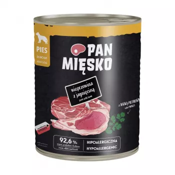 PAN MIĘSKO Cūkgaļas un jēra gaļas mitrā suņu barība 800g – Pilnvērtīgs pastēte visām šķirnēm