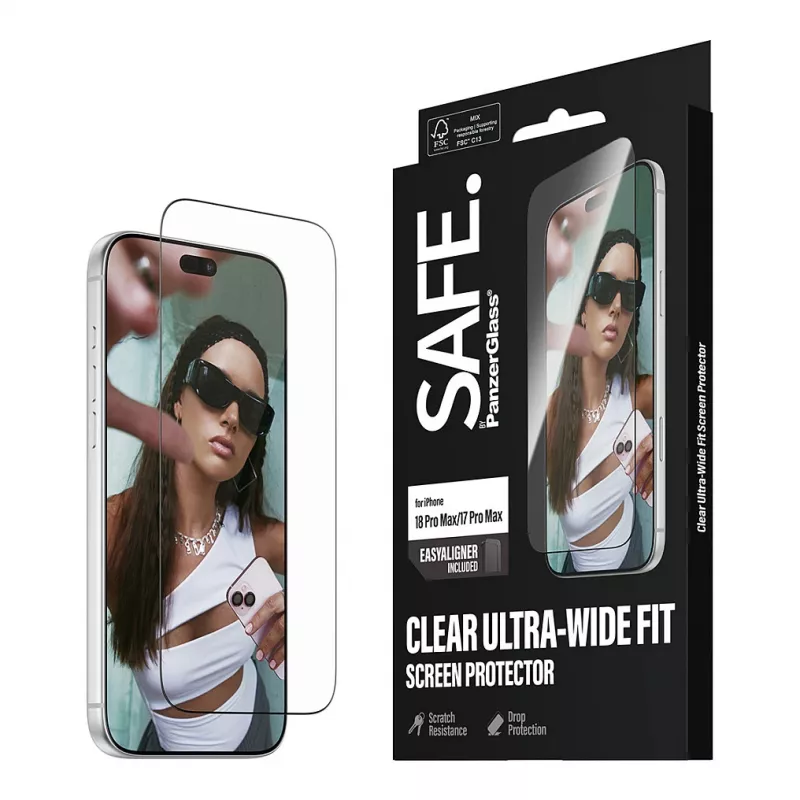 PanzerGlass SAFE ekrāna aizsargplēve iPhone 18 Pro Max/17 Pro Max - īpaši plata rūdītā stikla, antibakteriāla, 9H cietība