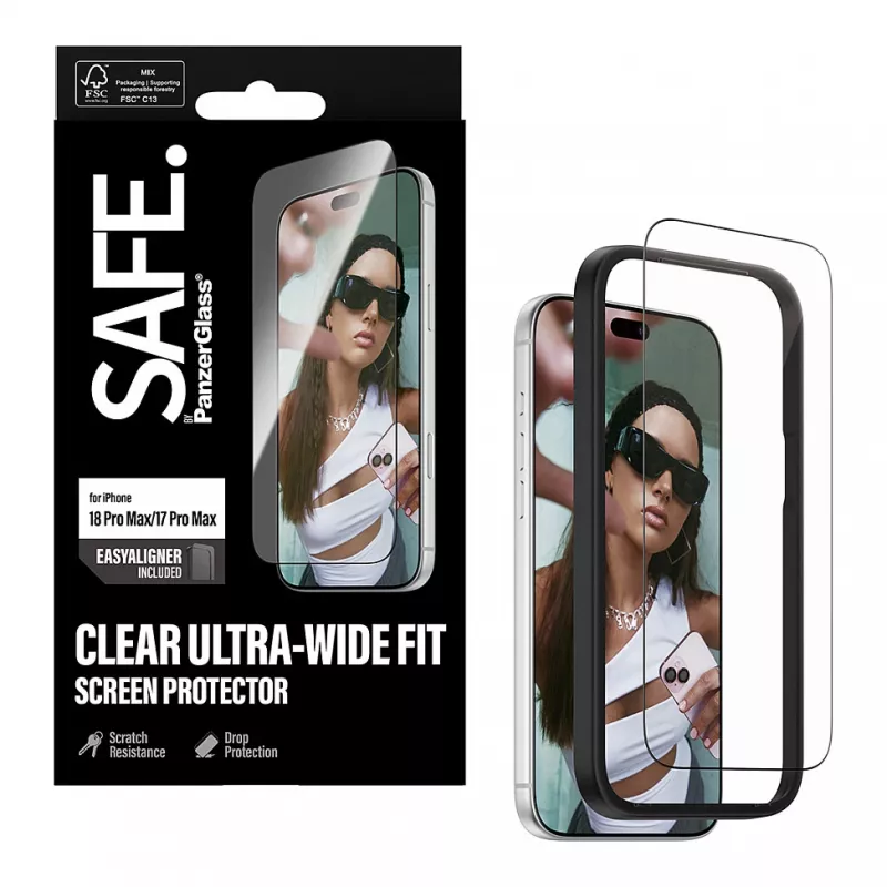 PanzerGlass SAFE ekrāna aizsargplēve iPhone 18 Pro Max/17 Pro Max - īpaši plata rūdītā stikla, antibakteriāla, 9H cietība