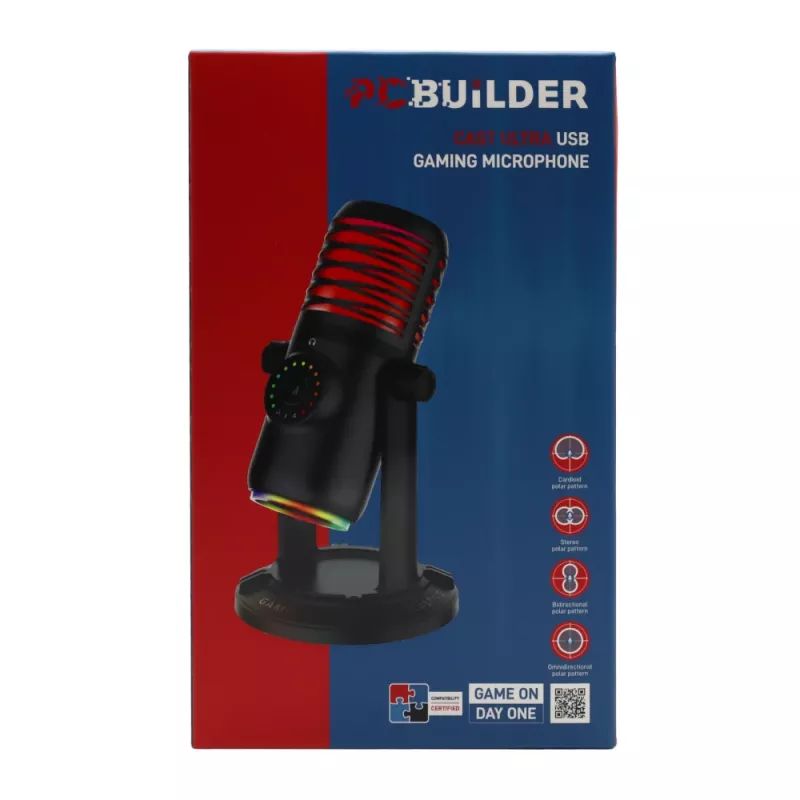 PCBuilder CAST ULTRA USB spēļu mikrofons - kondensatora, kardioīds, RGB, nulles latentuma uzraudzība