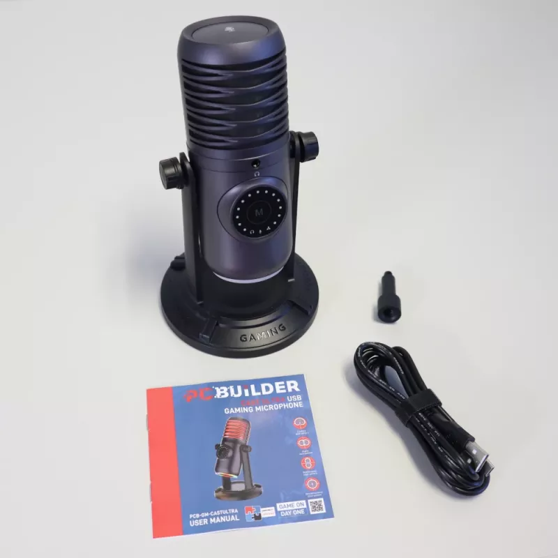 PCBuilder CAST ULTRA USB spēļu mikrofons - kondensatora, kardioīds, RGB, nulles latentuma uzraudzība