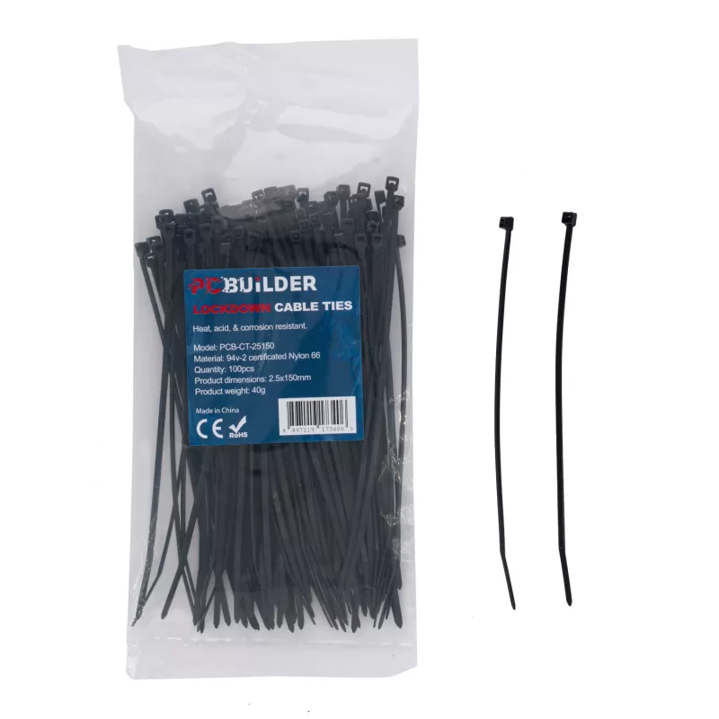 PCBuilder LOCKDOWN 150mm kabeļu saites (100 gab.) - Melna