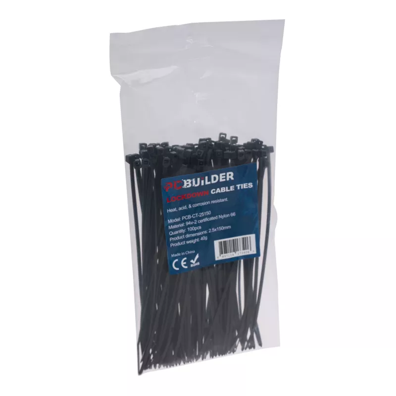 PCBuilder LOCKDOWN 150mm kabeļu saites (100 gab.) - Melna