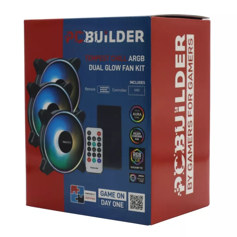 PCBuilder Tempest Chill Ventilatoru komplekts 3x120mm Dual Glow ARGB ventilators + kontrolieris + RF tālvadības pults