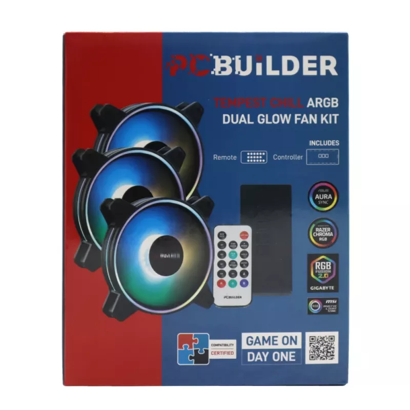 PCBuilder Tempest Chill Ventilatoru komplekts 3x120mm Dual Glow ARGB ventilators + kontrolieris + RF tālvadības pults