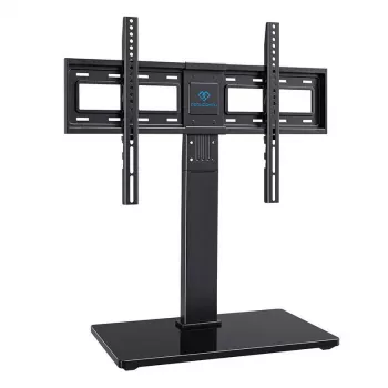 PERLESMITH PSTVS13 Brīvi stāvošs TV statīvs ar stiprinājumu 37-75 collu televizoriem, Melns, 45 kg ietilpība, VESA 100x100 līdz 600x400, augstuma regulēšana, pagriešana ±35°, rūdīta stikla pamatne