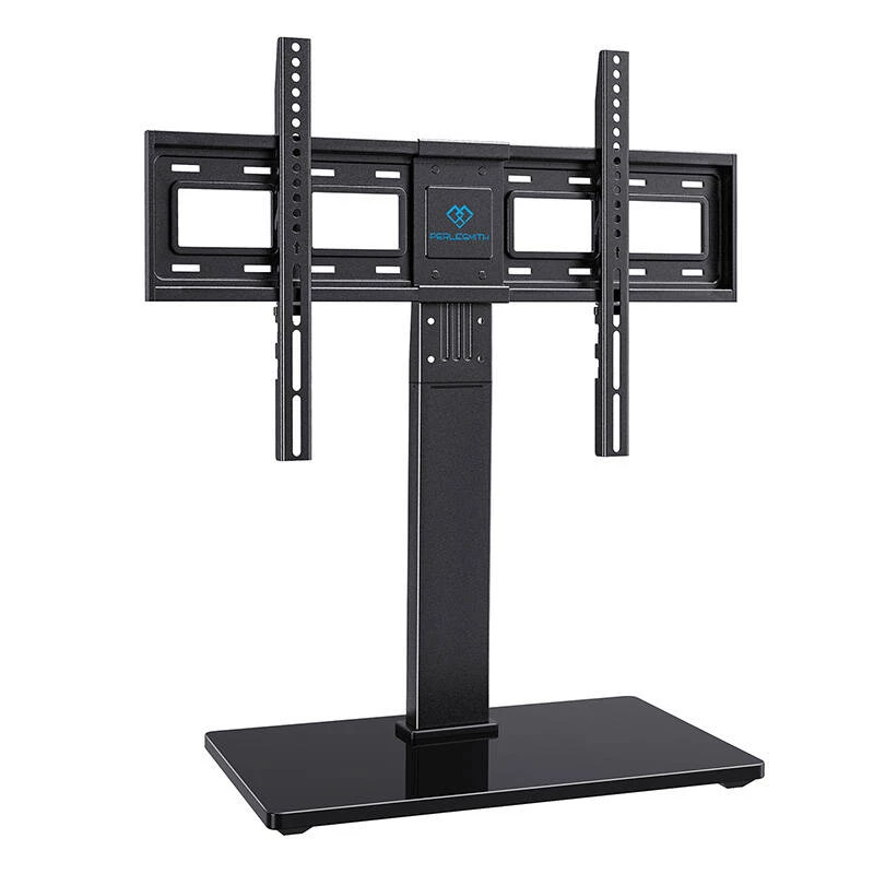 PERLESMITH PSTVS13 Brīvi stāvošs TV statīvs ar stiprinājumu 37-75 collu televizoriem, Melns, 45 kg ietilpība, VESA 100x100 līdz 600x400, augstuma regulēšana, pagriešana ±35°, rūdīta stikla pamatne
