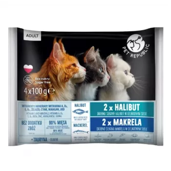 PETREPUBLIC Pieaugušo paltuss un makrele mitrā kaķu barība – 4x100g paciņas