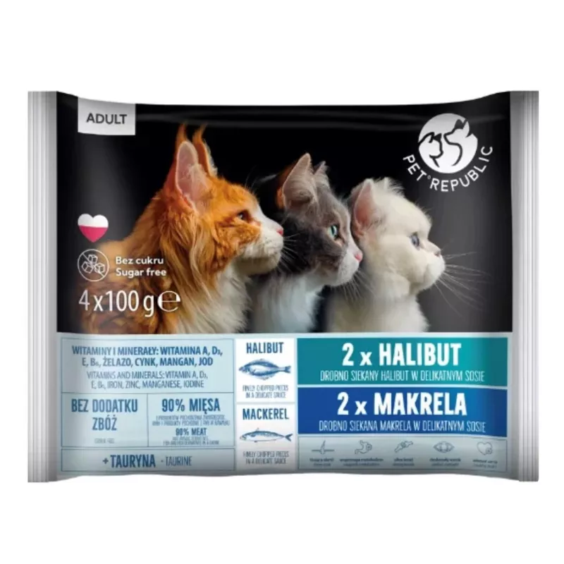 PETREPUBLIC Pieaugušo paltuss un makrele mitrā kaķu barība – 4x100g paciņas