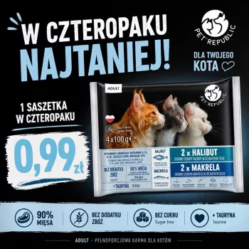 PETREPUBLIC Pieaugušo paltuss un makrele mitrā kaķu barība – 4x100g paciņas