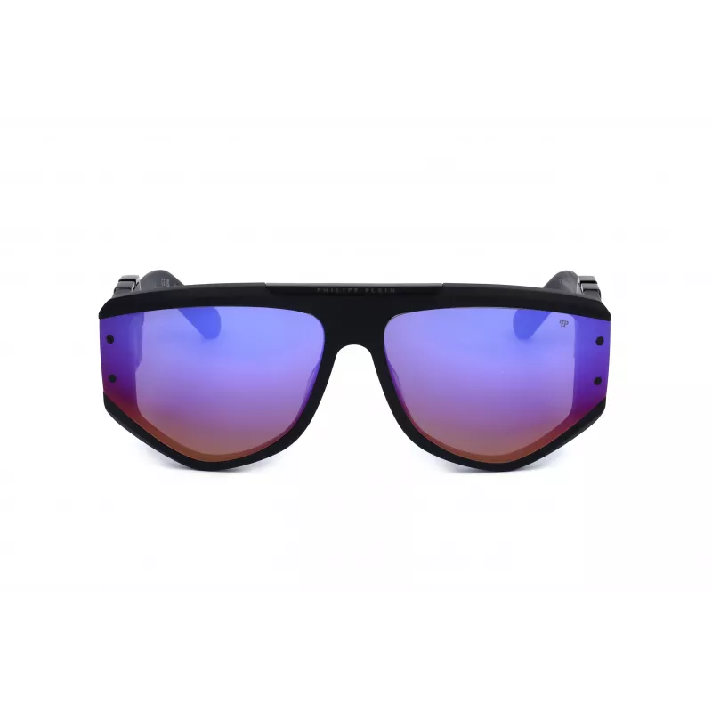 PHILIPP PLEIN SPP093M-703V Vīriešu kvadrātveida pilotu saulesbrilles, melns acetāta rāmis, pelēkas polikarbonāta lēcas, UV400 aizsardzība, 65/16/145 mm