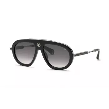 PHILIPP PLEIN SPP151V57700Y Vīriešu saulesbrilles - Melns acetāta rāmis, Pelēkas polikarbonāta lēcas, 57mm
