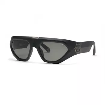 PHILIPP PLEIN SPP153-580U28 Vīriešu taisnstūra saulesbrilles, spīdīgs melns acetāta rāmis, dūmu pelēkas polikarbonāta lēcas, 58 mm
