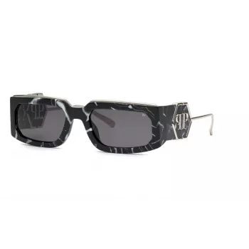 PHILIPP PLEIN Unisex saulesbrilles SPP119M580Z21 - Melns acetāta rāmis, pelēkas polikarbonāta lēcas, UV400 aizsardzība