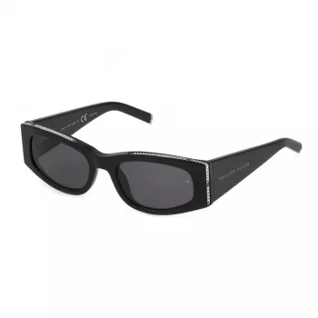 Philipp Plein Sieviešu kaķacs formas saulesbrilles SPP025S550700 - Spīdīga melna acetāta, dūmu lēcas, UV400
