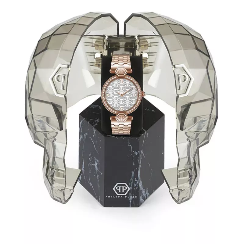 Philipp Plein Sieviešu PWEAA0821 32mm nerūsējošā tērauda kvarca pulkstenis ar melnu galvaskausa ciparnīcu