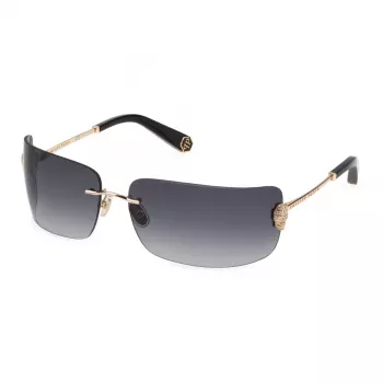 Philipp Plein Sieviešu saulesbrilles SPP027S950300 - Lielizmēra kvadrātveida vairogs, melns acetāta rāmis, pelēkas gradienta lēcas, UV400 aizsardzība