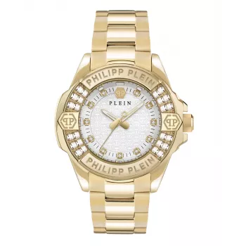 Philipp Plein sieviešu The $kull kvarca pulkstenis 38mm nerūsējošā tērauda melns ciparnīca silikona siksniņa PWOFA0725