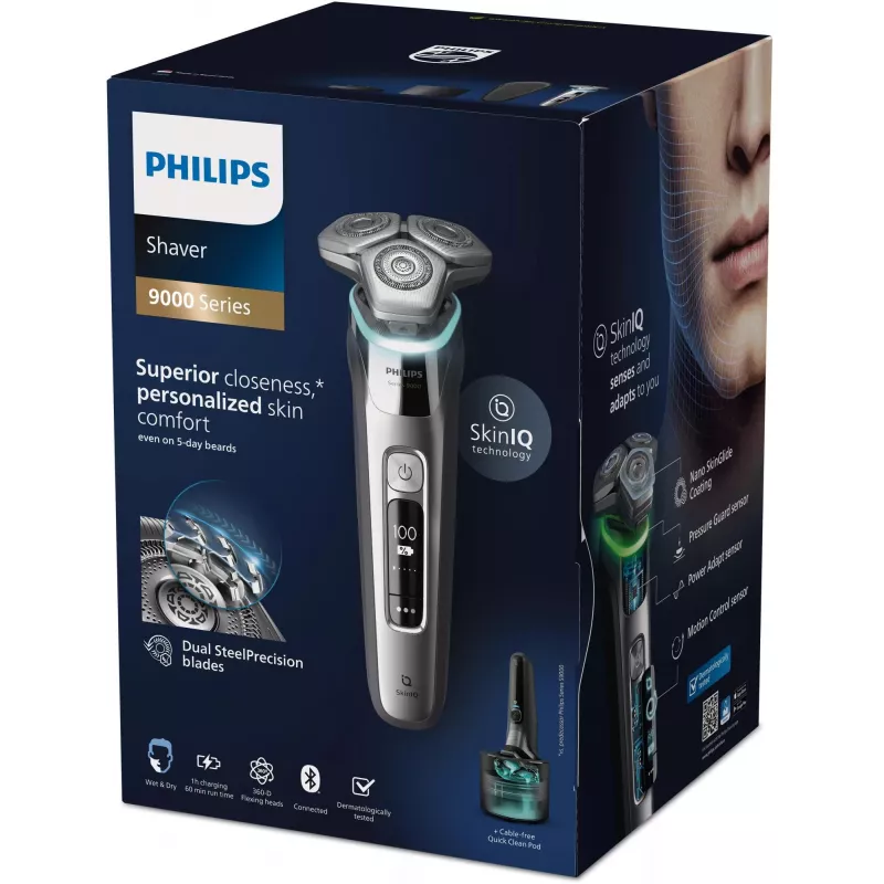 Philips S9975/55 SkinIQ mitrais un sausais elektriskais skuveklis – 360-D elastīgas galviņas, 60 min darbības laiks, hroms
