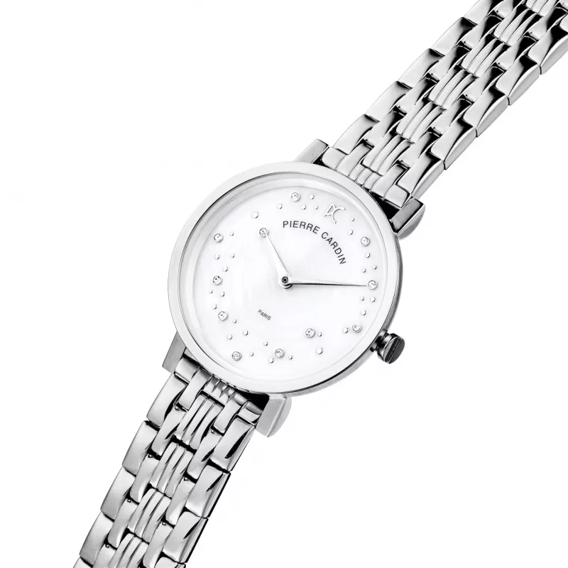 Pierre Cardin Sieviešu kvarca analogais pulkstenis CCM.0550 32mm nerūsējošā tērauda korpuss, sudraba ciparnīca, melna ādas siksniņa