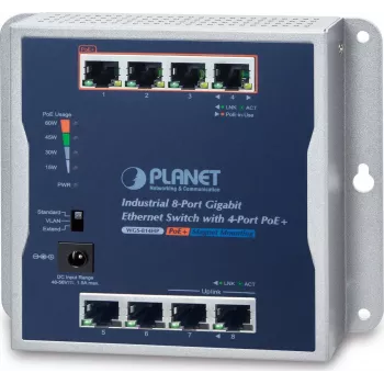 Planet WGS814HP industriālais Gigabit PoE+ slēdzis, 8 porti (4 PoE+), montāža pie sienas, IP30, 60W budžets
