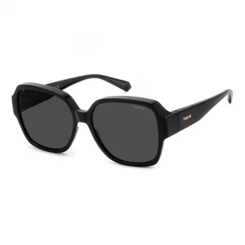 Polaroid Ancillaries PLD9021S807 Unisex taisnstūra saulesbrilles - Melns rāmis, Pelēkas polarizētas lēcas