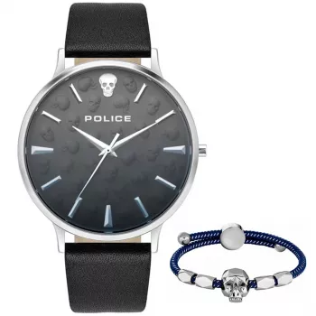POLICE Vīriešu analogais kvarca pulkstenis PLTASM2SET20 44mm Nerūsējošā tērauda korpuss Zils ciparnīca Brūna ādas un sudraba sieta siksniņa