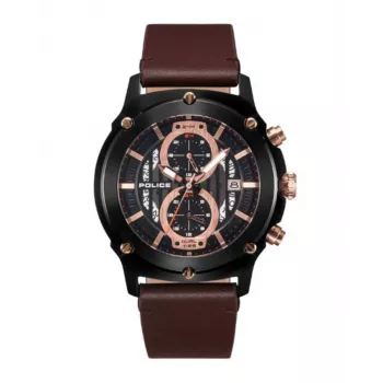 Police vīriešu hronogrāfa pulkstenis R1451324001 - 46mm nerūsējošā tērauda korpuss, zils ciparnīca, brūna ādas siksniņa