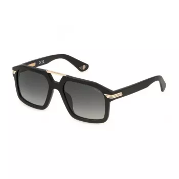 Police Vīriešu Saulesbrilles SPLP28M560703 - Melns Acetāta Rāmis, Pelēkas Polikarbonāta Lēcas, UV400 Aizsardzība, 56mm Lēcu Platums