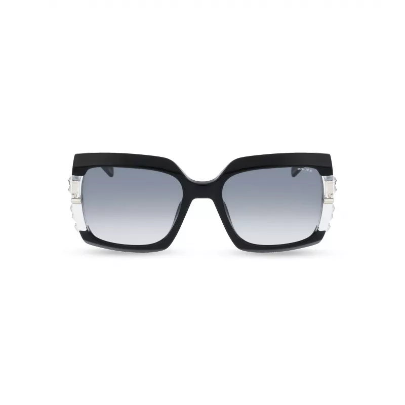 POLICE Sieviešu saulesbrilles SPLG23M570700 Ģeometrisks melns acetāta rāmis Pelēka polikarbonāta lēca 57mm