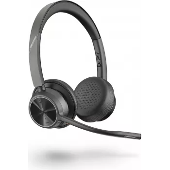 Poly Voyager 4320 UC bezvadu Bluetooth austiņas ar BT700 USB-C adapteri, uz auss, divu mikrofonu trokšņu slāpēšana, 24h sarunu laiks, melnas