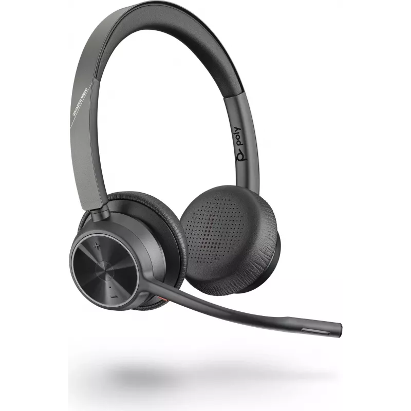 Poly Voyager 4320 UC bezvadu Bluetooth austiņas ar BT700 USB-C adapteri, uz auss, divu mikrofonu trokšņu slāpēšana, 24h sarunu laiks, melnas