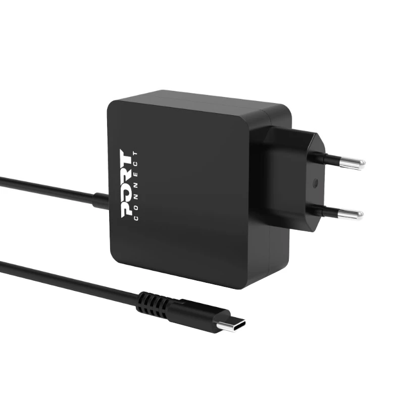 Port Connect Type C 45W universāls klēpjdatora adapteris – USB-C PD 3.0, 5V-20V, melns