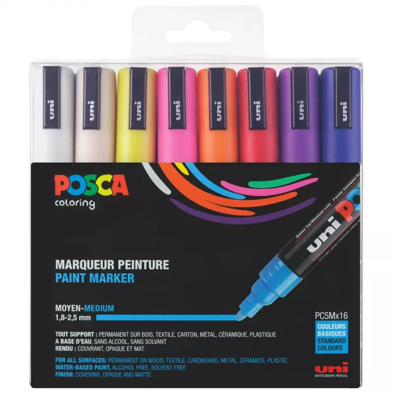 POSCA PC-5M lodveida uzgaļa marķieru komplekts, dažādas krāsas, 16 gabali