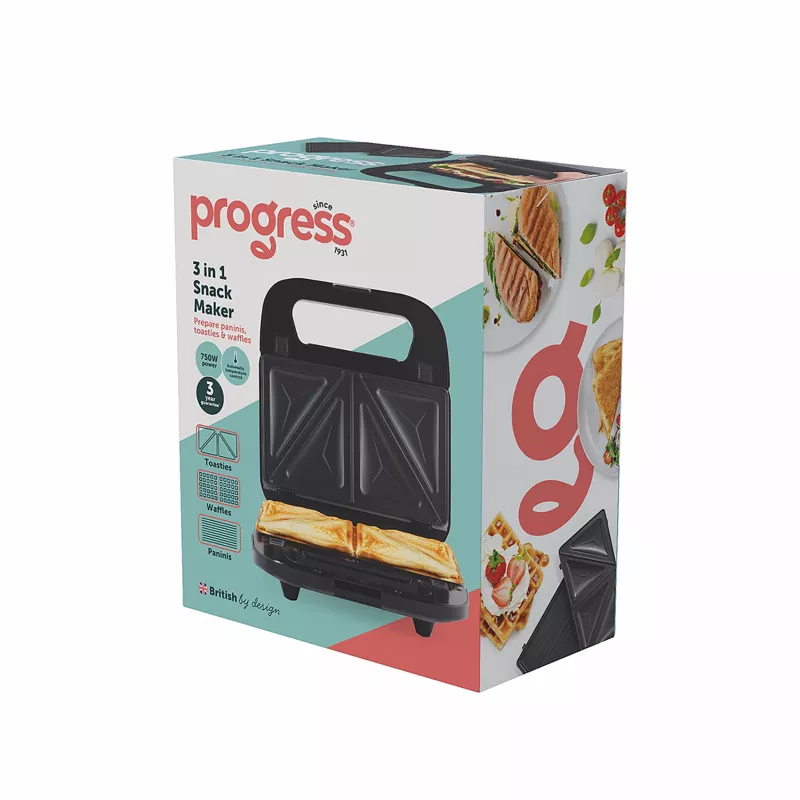 Progress EK6666PVDE 3 in 1 Uzkodu Gatavotājs - Vafeļu, Sviestmaižu & Donutu Gatavotājs, 900W, Melns