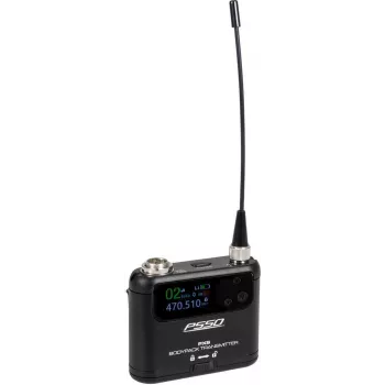 PSSO PXS Mini ķermeņa raidītājs 470-510 MHz UHF bezvadu sistēmas komponents ar 16 kanāliem, 10 mW jaudu, LCD displeju, 10 stundu akumulatora darbības laiku, 3 kontaktu Mini-XLR ieeju, komplektā ar jostas klipsi 13063513