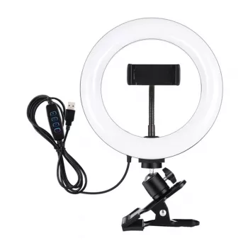 PULUZ PKT3120B 20 cm profesionāla gredzenveida gaisma vlogošanai, tiešraidei un grimam – 80 LED, 10W, 3000K-6500K, 10 līmeņu regulējama, ar monitora klipsi un telefona turētāju – melna