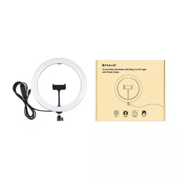 PULUZ PU656B 10 collu LED gredzenveida gaisma ar telefona turētāju un statīvu, 12W, 3000K-6500K, USB barošana, tiešraidei, TikTok, YouTube, grimam, fotografēšanai