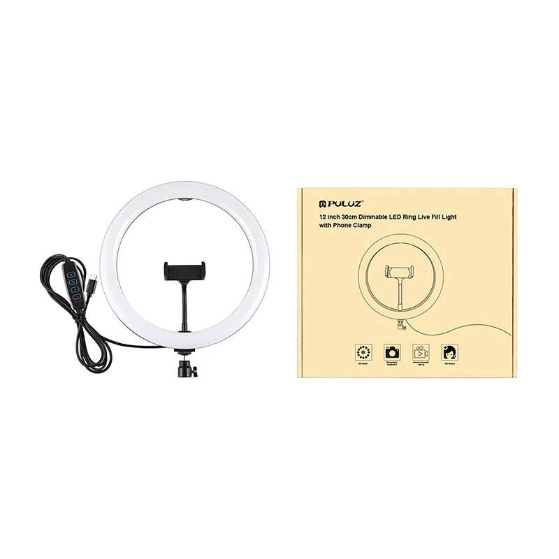 PULUZ PU656B 10 collu LED gredzenveida gaisma ar telefona turētāju un statīvu, 12W, 3000K-6500K, USB barošana, tiešraidei, TikTok, YouTube, grimam, fotografēšanai