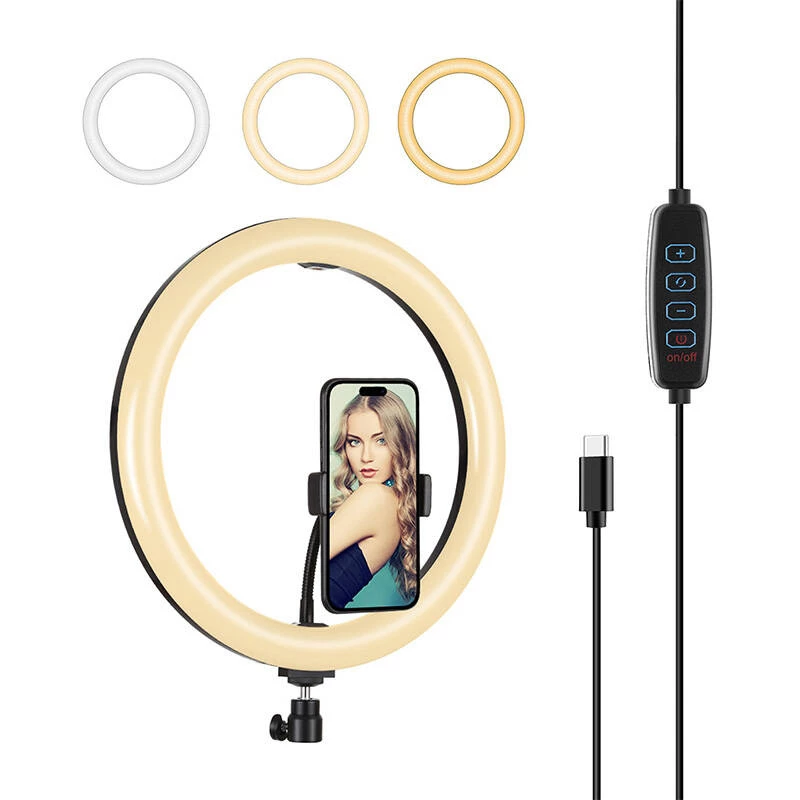 PULUZ PU656B 10 collu LED gredzenveida gaisma ar telefona turētāju un statīvu, 12W, 3000K-6500K, USB barošana, tiešraidei, TikTok, YouTube, grimam, fotografēšanai