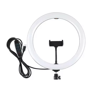 PULUZ PU656B 10 collu LED gredzenveida gaisma ar telefona turētāju un statīvu, 12W, 3000K-6500K, USB barošana, tiešraidei, TikTok, YouTube, grimam, fotografēšanai