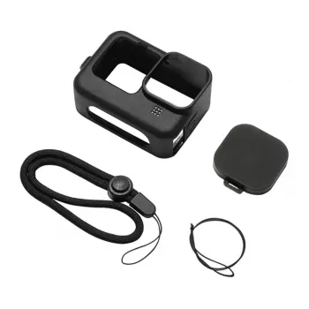 PULUZ Silikona maciņš GoPro HERO12, HERO11, HERO10, HERO9 Black ar objektīva vāciņu un siksniņu (melns)