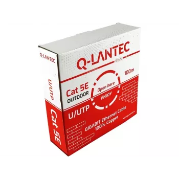 Q-LANTEC Outdoor U/UTP Cat.5e tīkla kabelis, PE apvalks, sausā ūdensbloķēšana, 4 pāri, 24 AWG, 1 Gbps, melns, 100 m