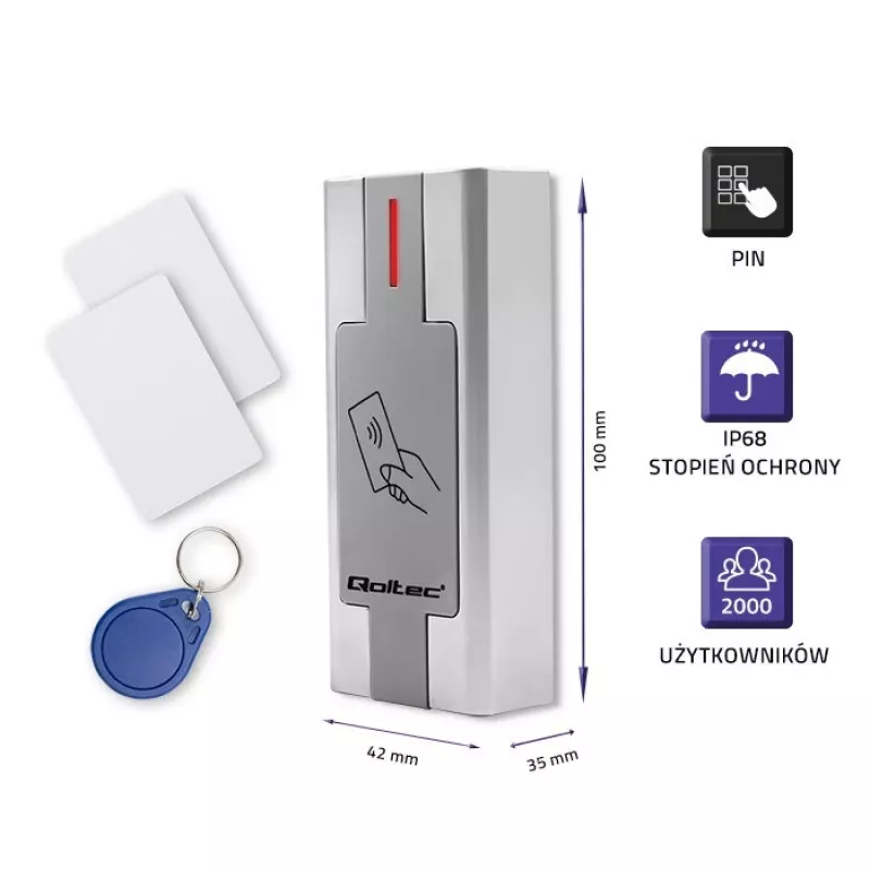Qoltec 52446 Proximity karšu un atslēgu piekariņu lasītājs – 125 kHz RFID, Wiegand 26-bit, IP65